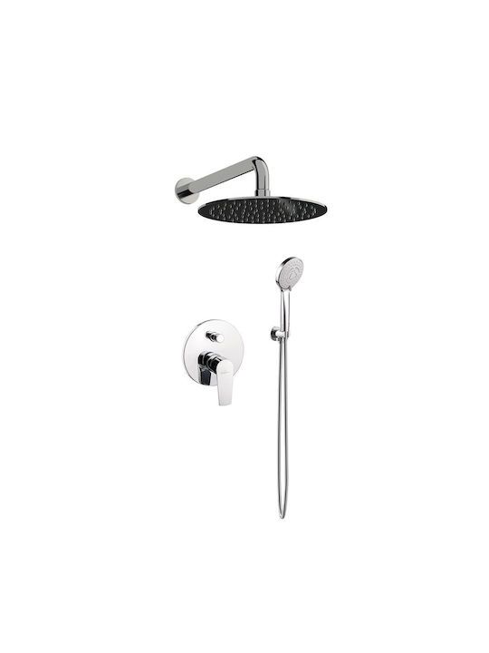  Shower set Εντοιχισμού με Μπαταρία λουτρού 2 σημείων, κεφαλή Φ250 με βραχίονα και τηλέφωνο Ντουζ με σπιράλ, Επιτοίχειο στήριγμα Orabella VK 10298