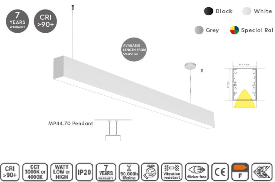 MP44.70P-115-H-3-O-OF-WH Linear Profile Lighting Pendant 44.5x70mm 115cm HOMELIGHTING 77-19930