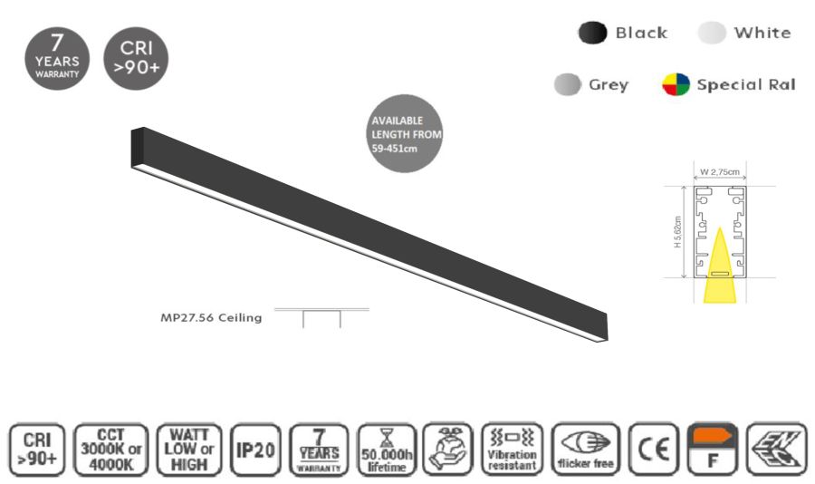 MP27.56C-059-H-3-O-OF-BL Linear Profile Lighting Ceiling 27.5x56mm 59cm HOMELIGHTING 77-15998