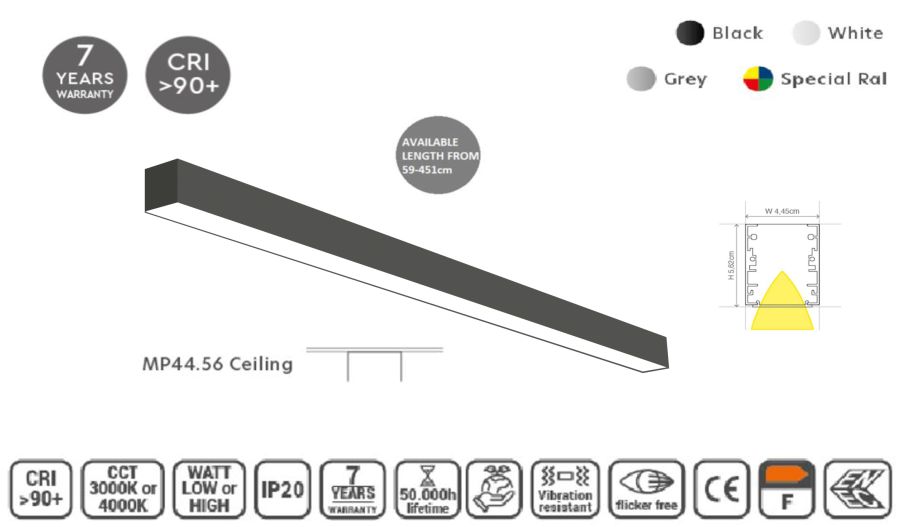 MP44.56C-395-H-3-O-OF-BL Linear Profile Lighting Ceiling 44.5x56mm 395cm HOMELIGHTING 77-14750