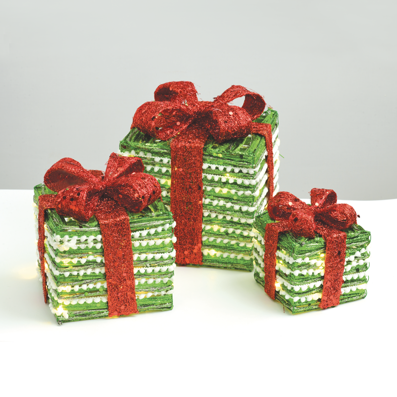 SET "GREEN SILVER RATTAN GIFT BOX, RED BOW" 90(20+30+40) WW MINI ΛΑΜΠ. ΜΠΑΤ. 3*3ΑΑ IP20 18,24,30CM ACA X1190114