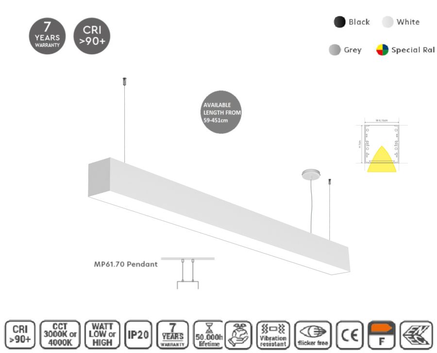 MP61.70P-059-S-3-O-OF-WH Linear Profile Lighting Pendant 61.5x70mm 59cm HOMELIGHTING 77-16853