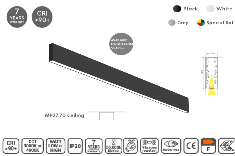 MP27.70C-227-S-3-O-OF-BL Linear Profile Lighting Ceiling 44.5x70mm 227cm HOMELIGHTING 77-15418