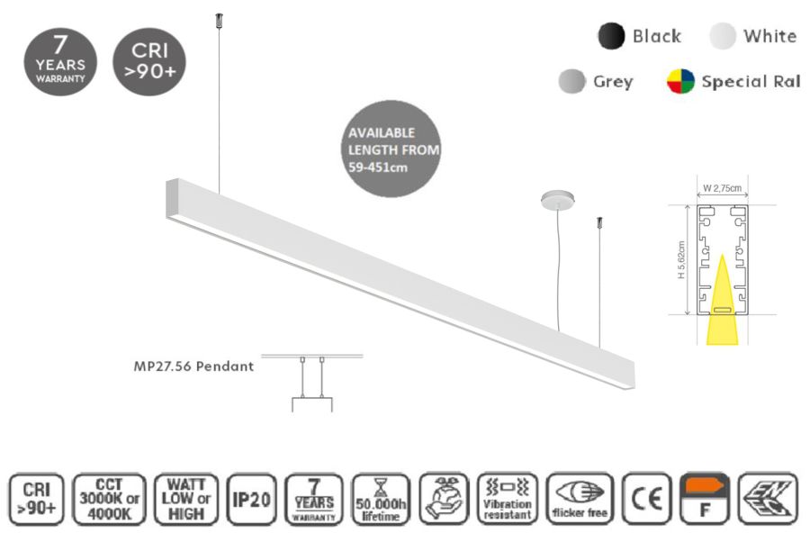 MP27.56P-143-H-3-O-OF-WH Linear Profile Lighting Ceiling 27.5x56mm 143cm HOMELIGHTING 77-23767